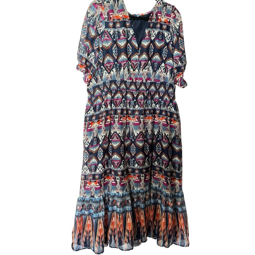 Old‎ Navy Dress Women's XXL Chiffon Short Sleeve V Neck Empire Waist Aztec Midi